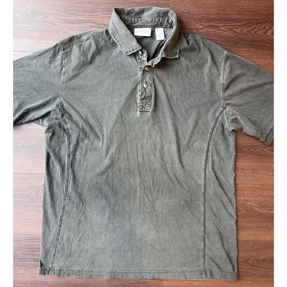Orvis Mens Short Sleeve Polo Shirt Large Gray 100% Cotton Faded Rugged Outdoor